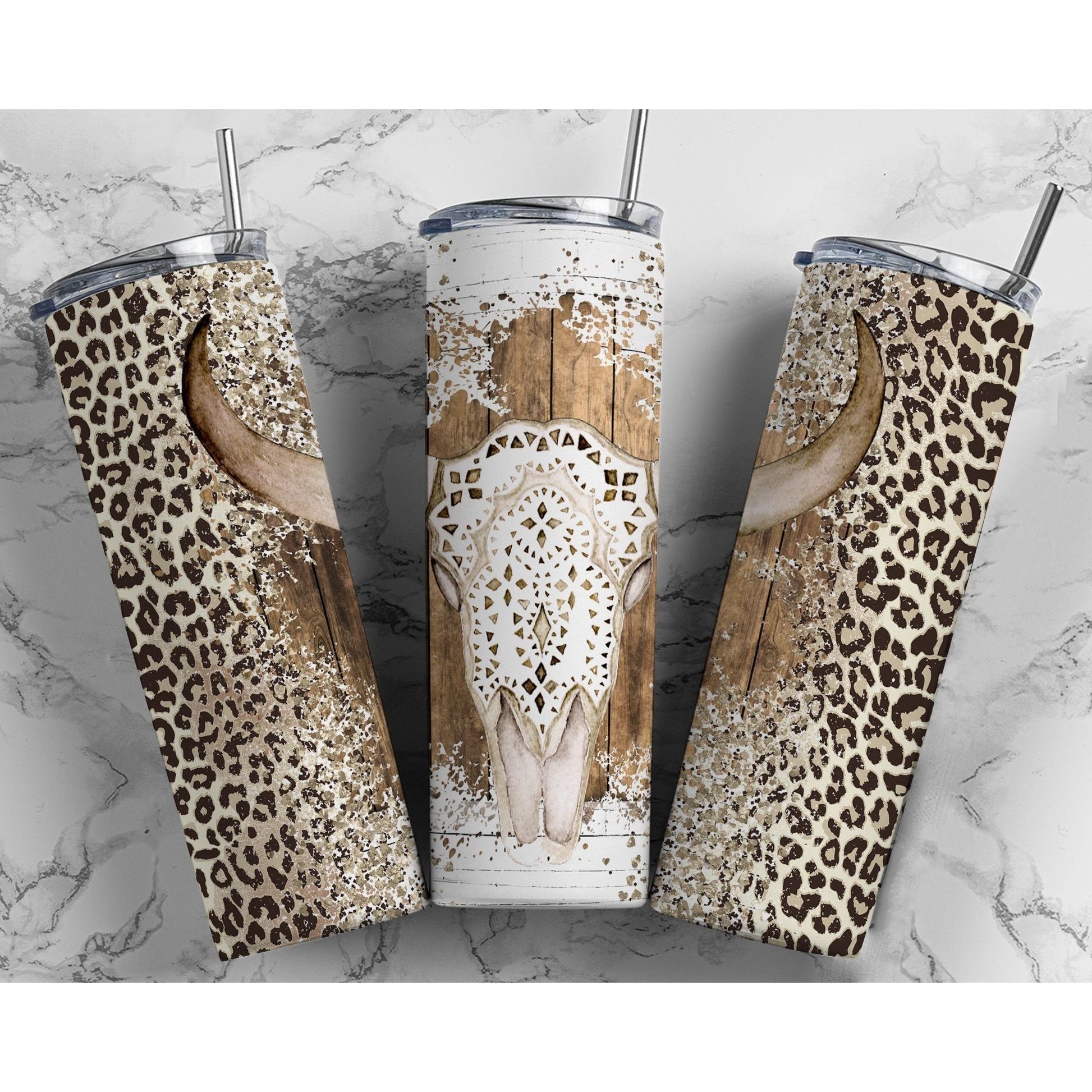 Bull Skull Leopard - Skinny Tumbler - southerncountryheart.com
