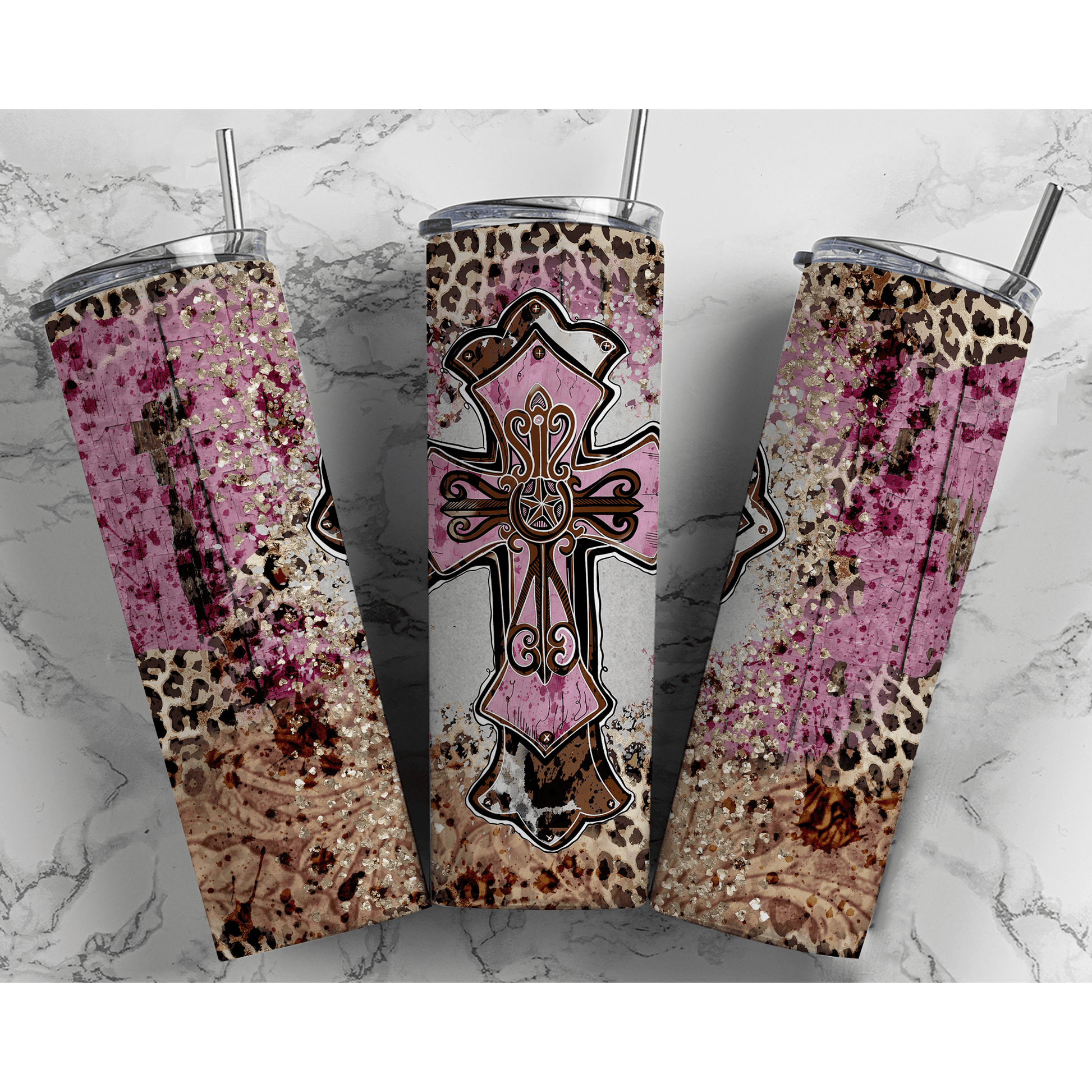 Pink Leopard Glitter Cross - Skinny Tumbler - southerncountryheart.com