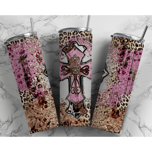 Pink Leopard Glitter Cross - Skinny Tumbler - southerncountryheart.com