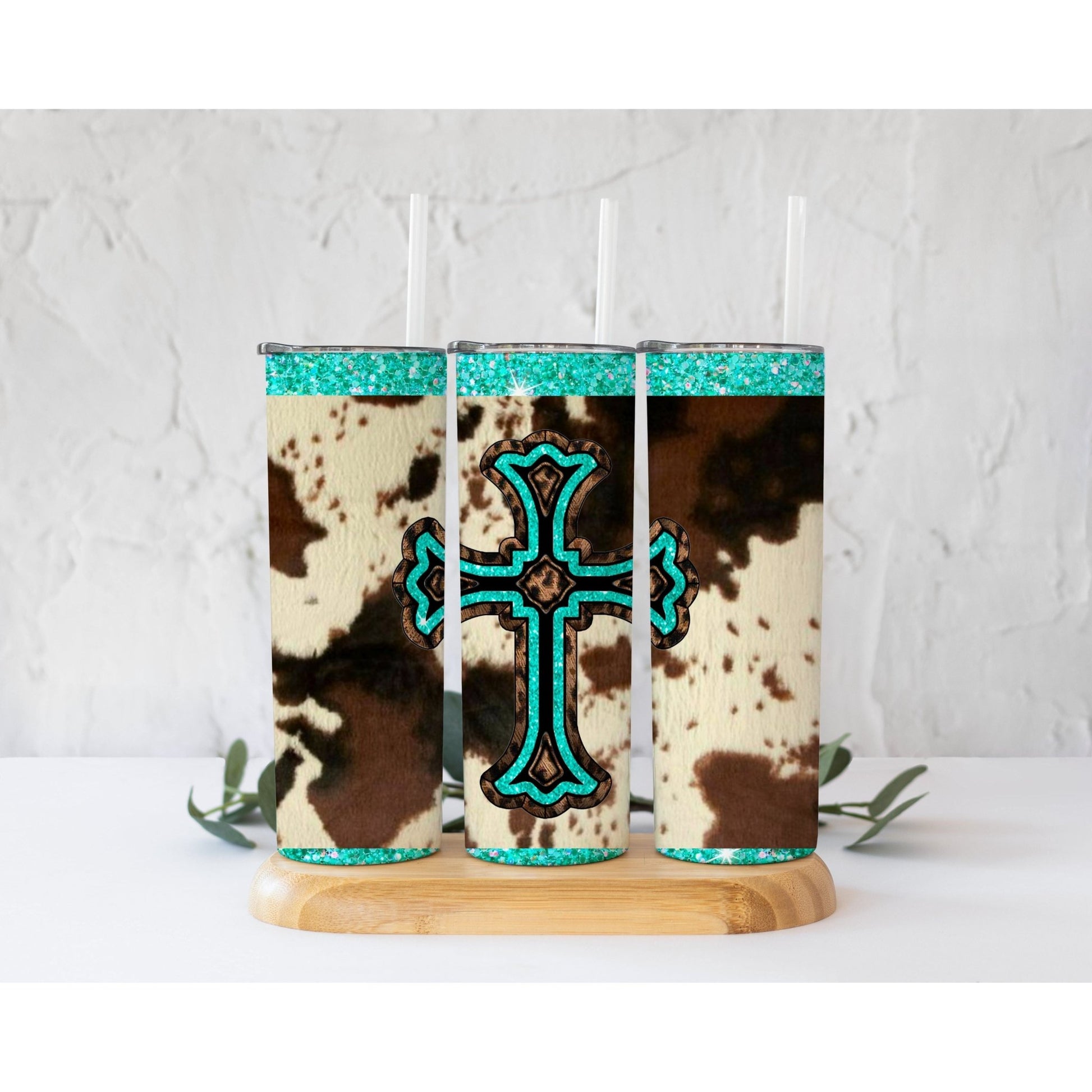 Cow Print Cross Teal - Skinny Tumbler - southerncountryheart.com