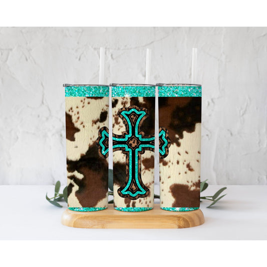 Cow Print Cross Teal - Skinny Tumbler - southerncountryheart.com
