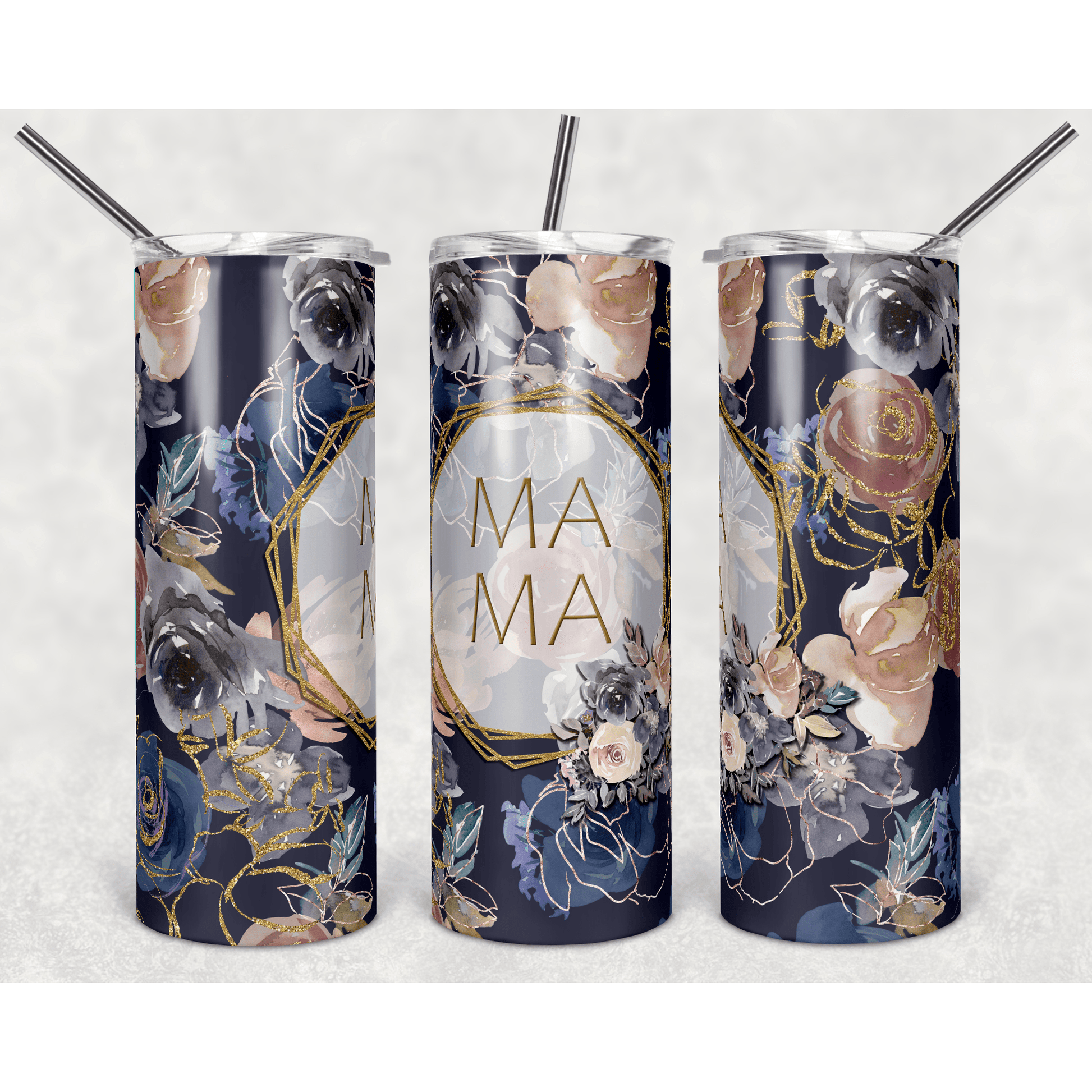 Floral Mama Blue Gold Geo - Skinny Tumbler - southerncountryheart.com