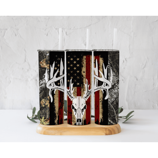Deer Skull American Flag Camo - Skinny Tumbler - southerncountryheart.com
