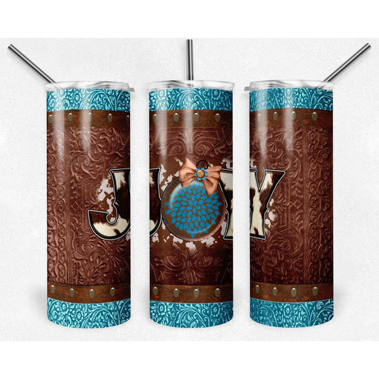 Cowboy Rust Christmas Joy Teal Western - Skinny Tumbler - southerncountryheart.com