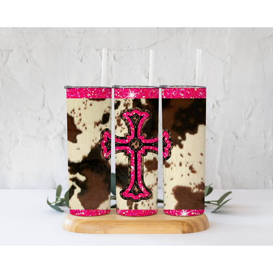 Cow Print Cross Hot Pink - Skinny Tumbler - southerncountryheart.com
