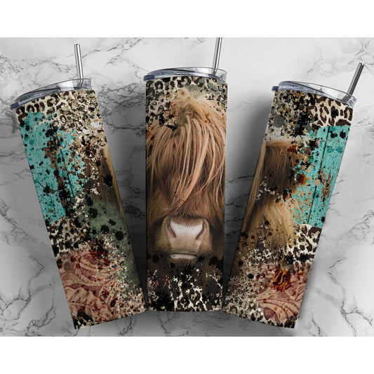 Highland Bull Teal Leopard - Skinny Tumbler - southerncountryheart.com