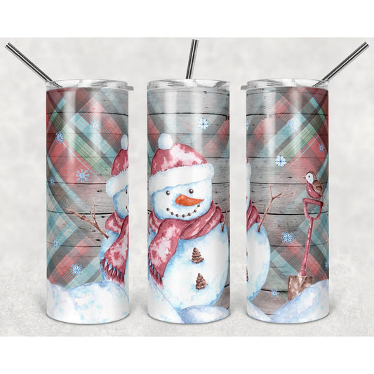 Winter Plaid and Snowman on Wood - Skinny Tumbler - southerncountryheart.com