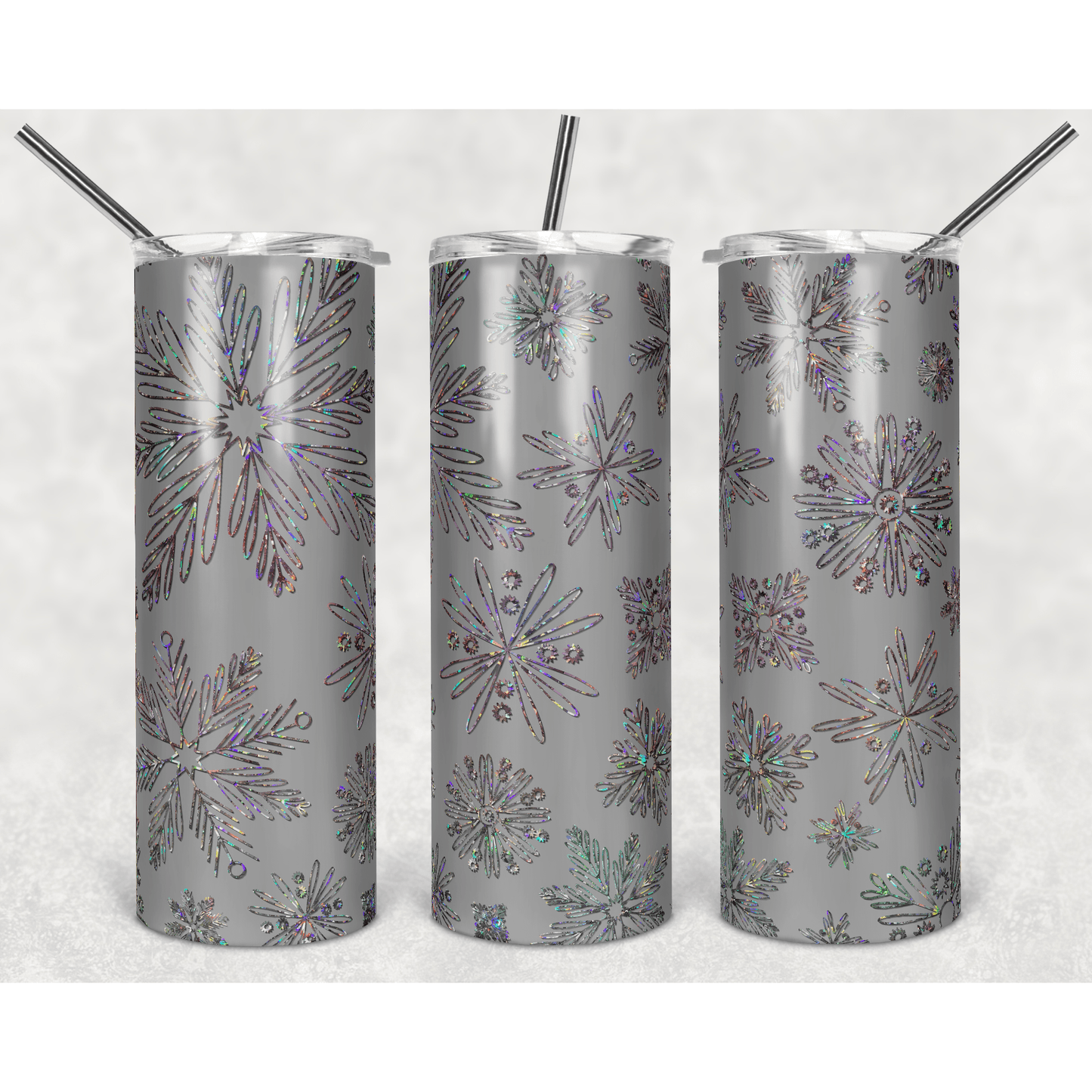 Light Gray Holographic Snowflakes - Skinny Tumbler - southerncountryheart.com