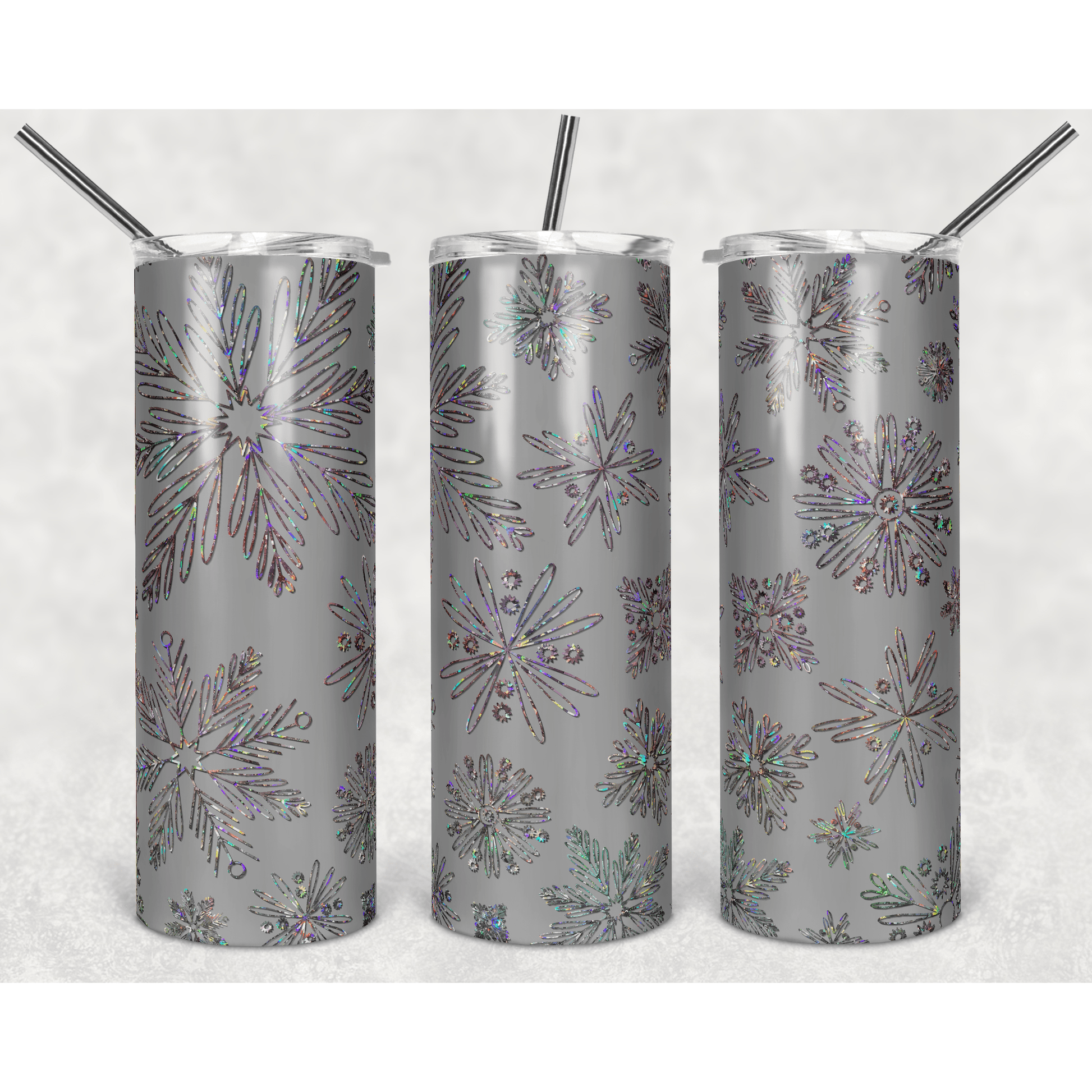 Light Gray Holographic Snowflakes - Skinny Tumbler - southerncountryheart.com