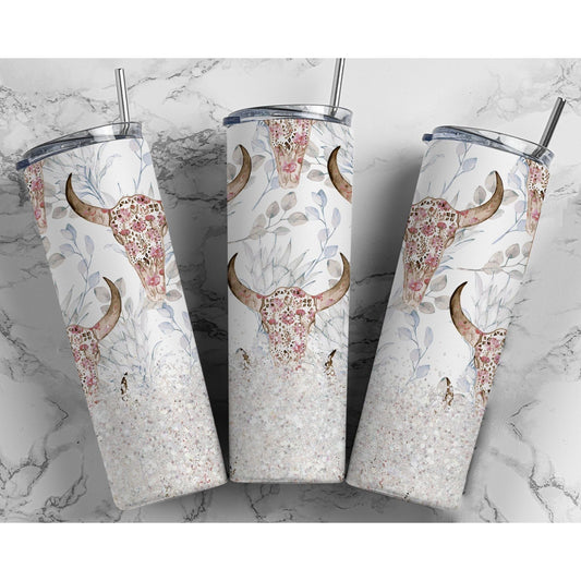 Deer head with Pink Flowers - Skinny Tumbler - southerncountryheart.com
