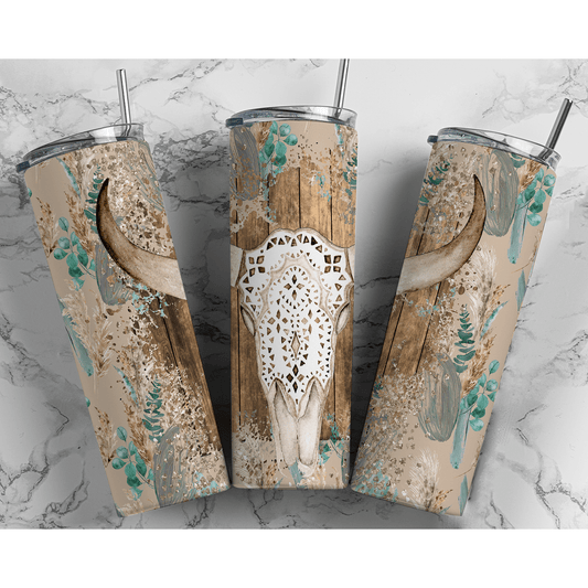 Bull Skull Teal - Skinny Tumbler - southerncountryheart.com