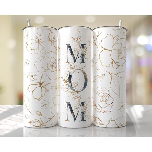Gold Navy Mom Floral - Skinny Tumbler - southerncountryheart.com