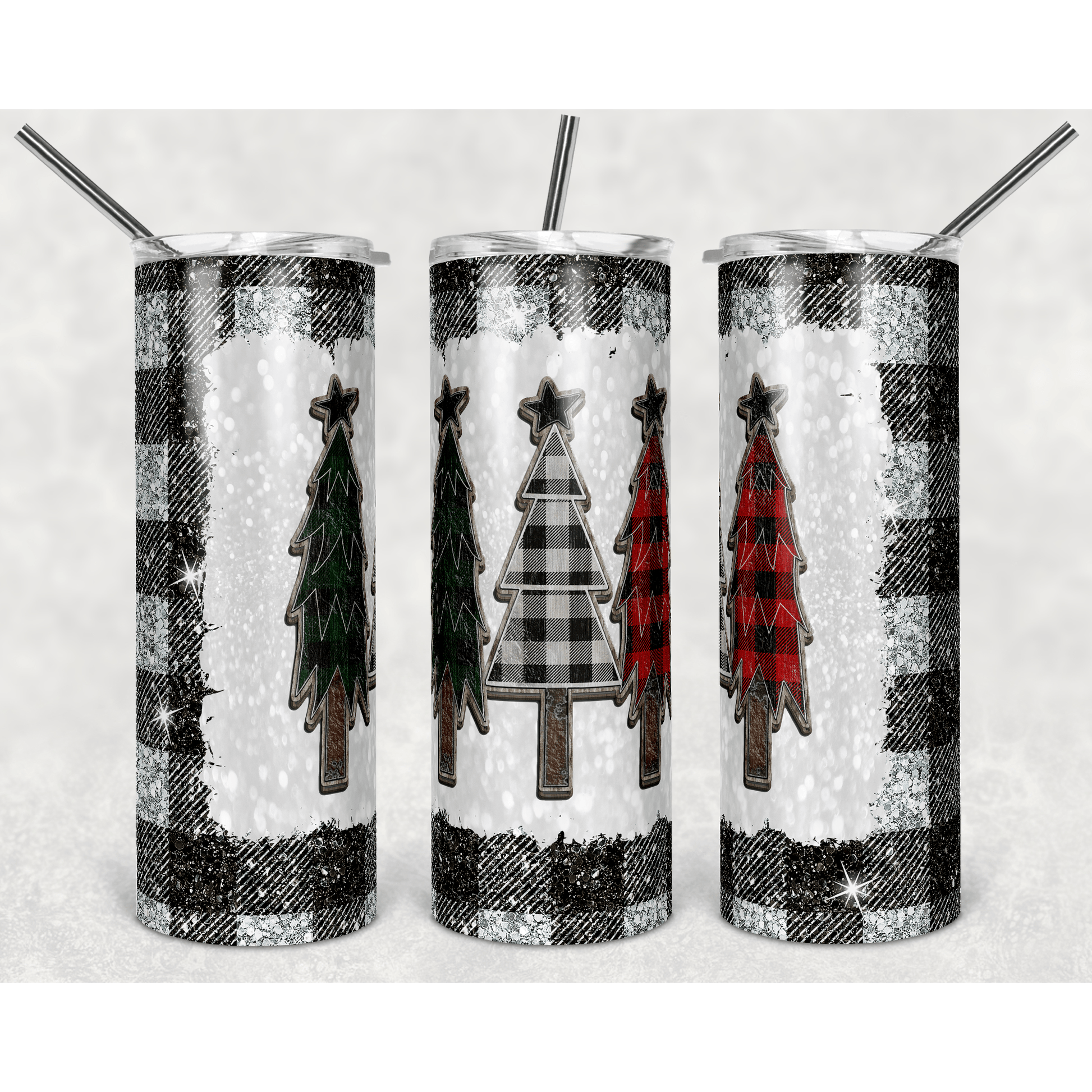 Plaid Black Silver Glitter Spot Trees - Skinny Tumbler - southerncountryheart.com
