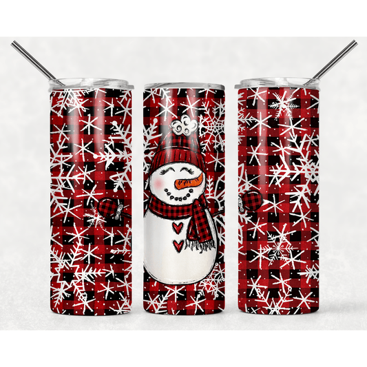Snowman Red Buffalo Plaid Snowflakes - Skinny Tumbler - southerncountryheart.com