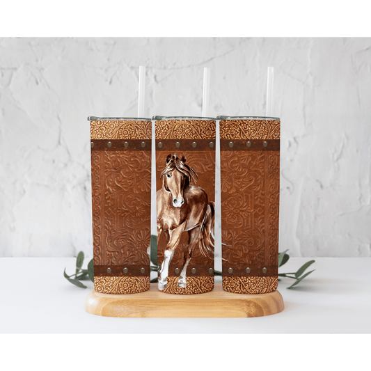 Tooled Leather Horse - Skinny Tumbler - southerncountryheart.com