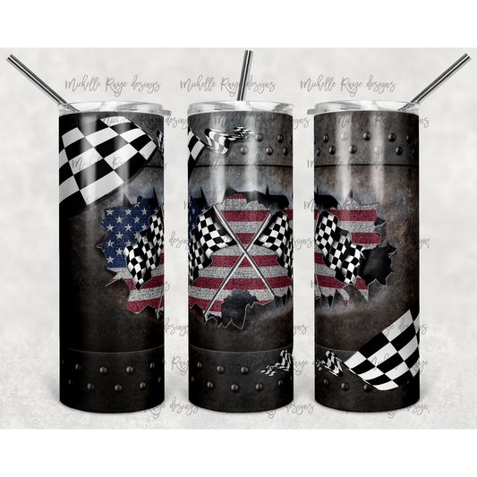 Racing American Flag - 20 oz Skinny Tumblers w/ Lid and Straw