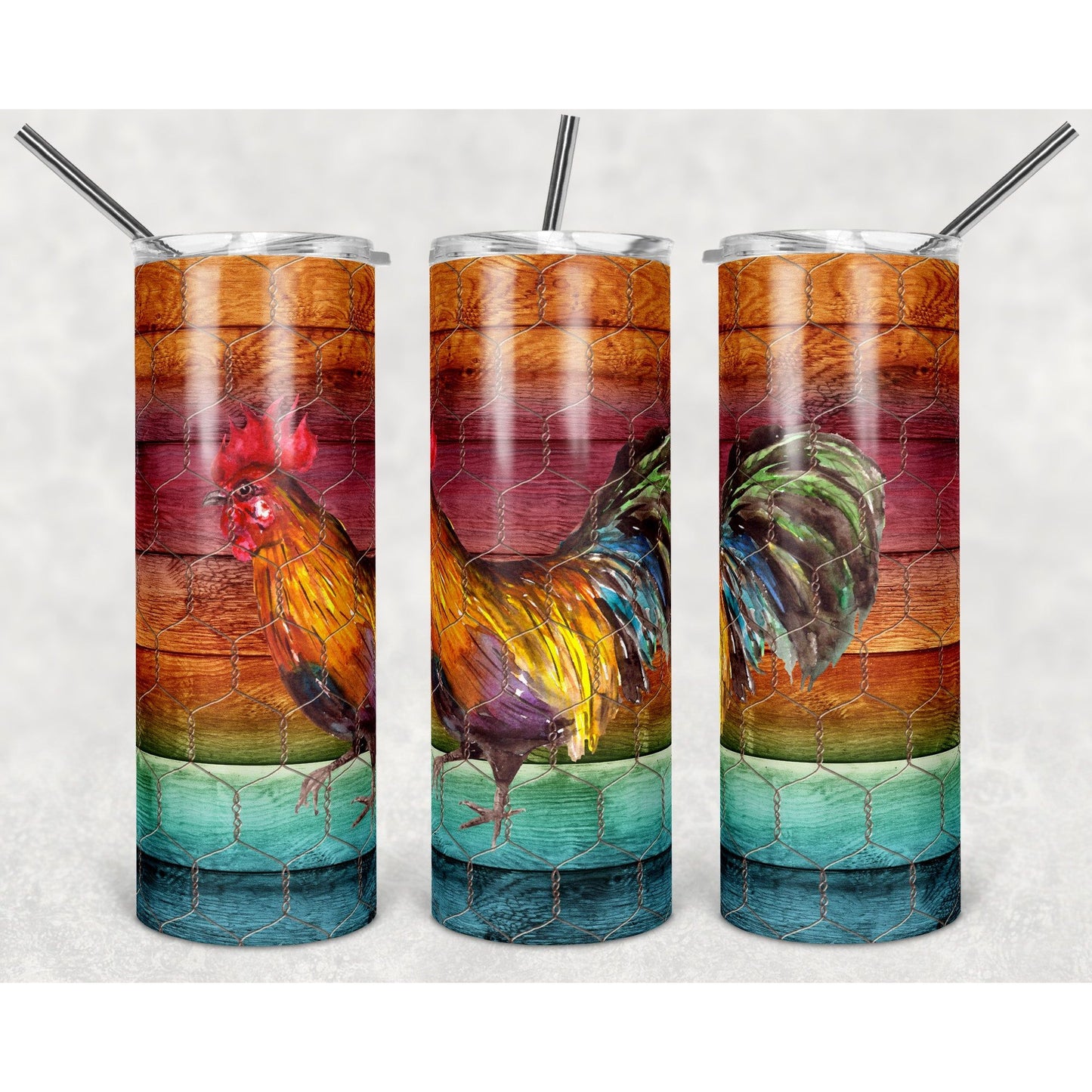 Rooster Bright Wood - 20 oz Skinny Tumblers w/ Lid and Straw