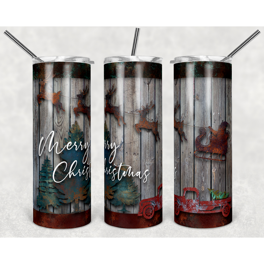 Rustic Wood Farmhouse Christmas- 20 oz Skinny Tumblers w/ Lid and Straw