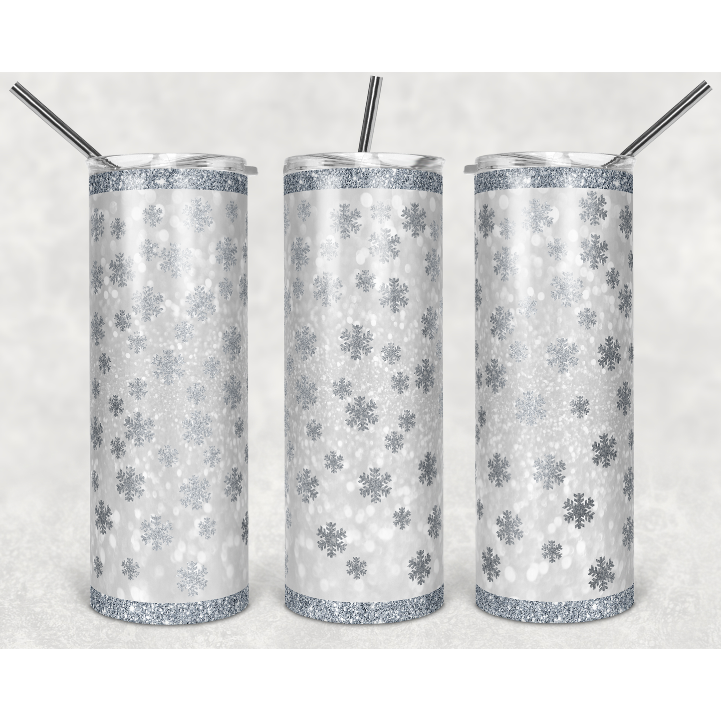 Silver Snowflake Glitter- 20 oz Skinny Tumblers w/ Lid and Straw