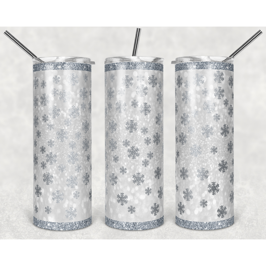 Silver Snowflake Glitter- 20 oz Skinny Tumblers w/ Lid and Straw