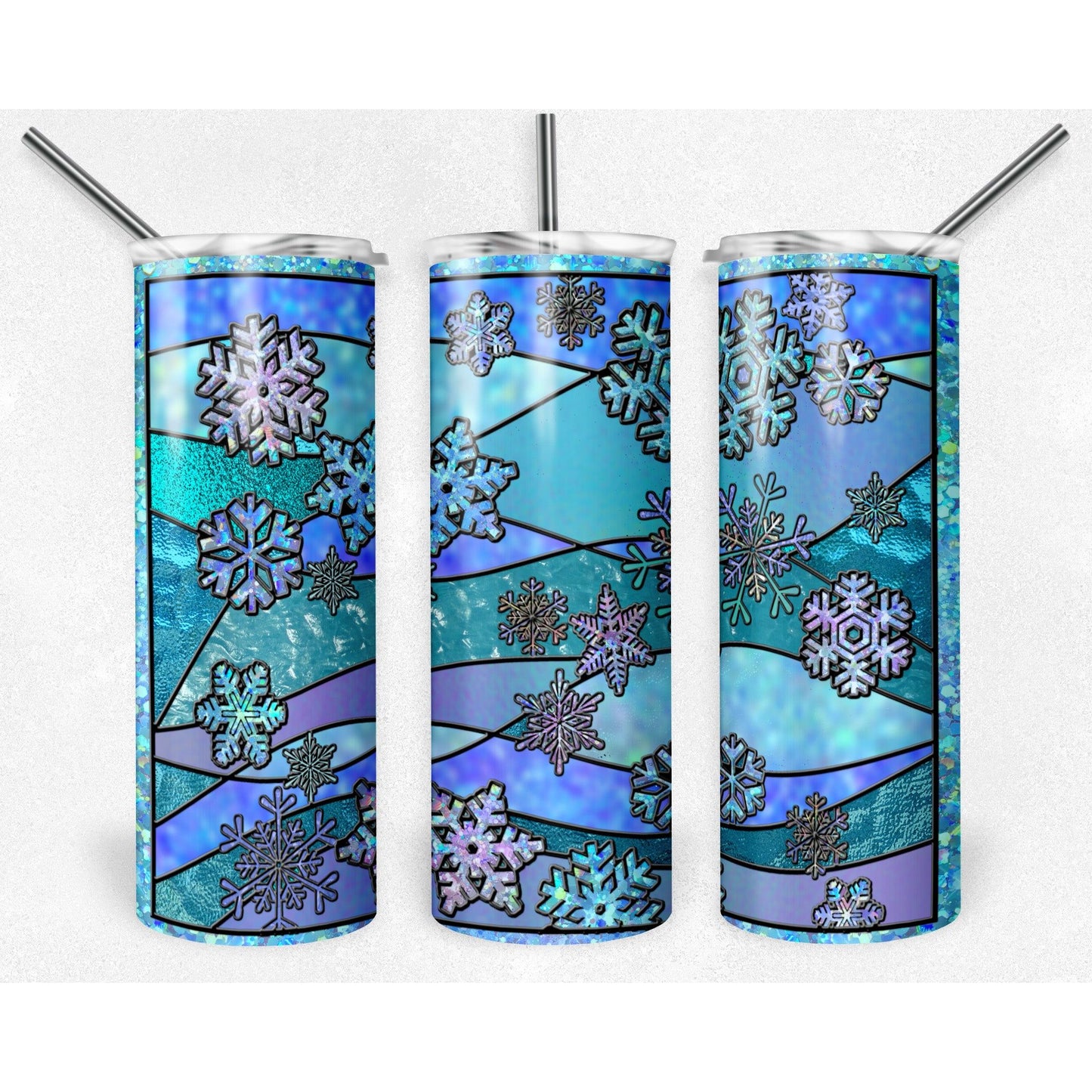 Snowflake Stained Glass Winter Christmas - 20 oz Skinny Tumblers w/ Lid and Straw