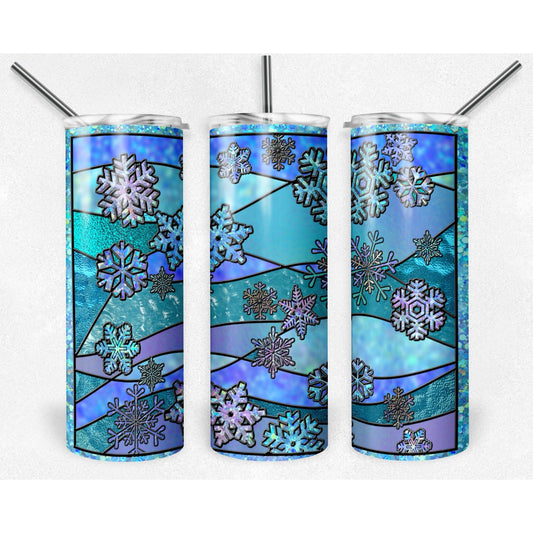 Snowflake Stained Glass Winter Christmas - 20 oz Skinny Tumblers w/ Lid and Straw