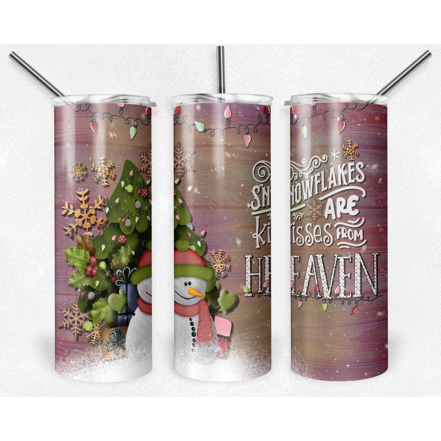 Snowman Cutie Christmas Tree Snowflakes are Kisses - 20 oz Skinny Tumblers w/ Lid and Straw