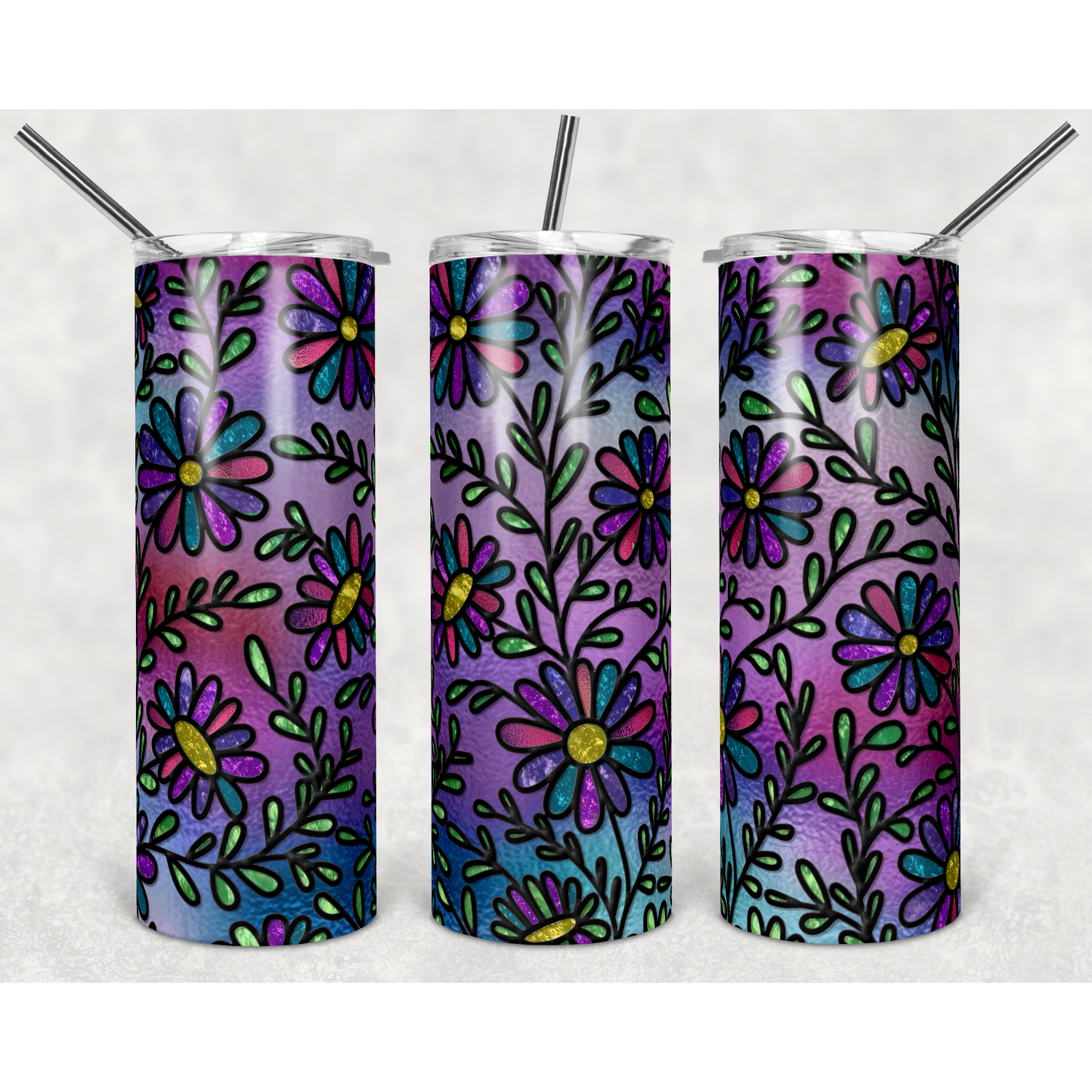 Stained Glass Floral- 20 oz Skinny Tumblers w/ Lid and Straw