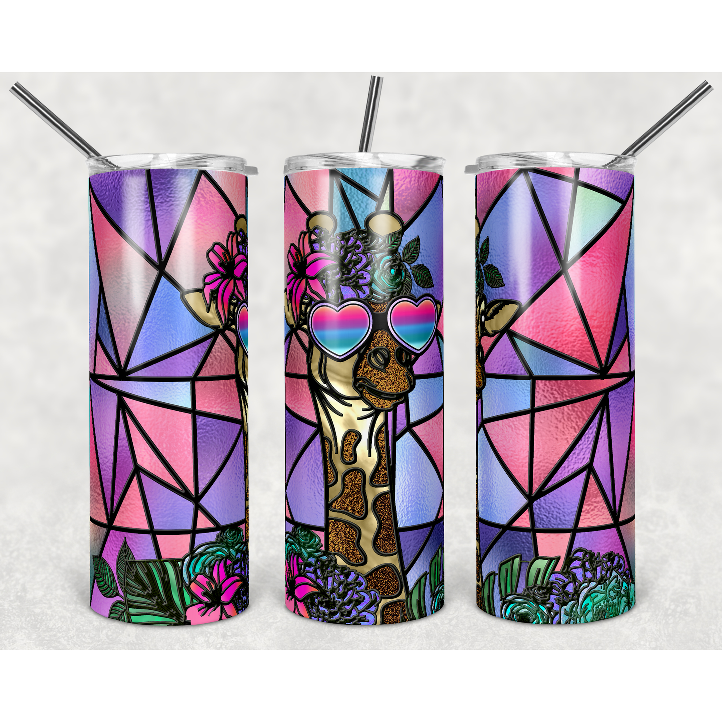 Stained Glass Giraffe Sun Glasses - 20 oz Skinny Tumblers w/ Lid and Straw