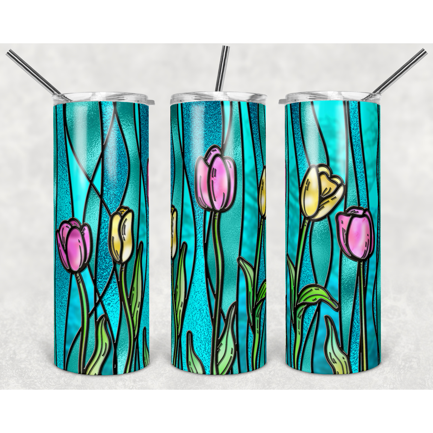 Stained Glass Spring Tulips- 20 oz Skinny Tumblers w/ Lid and Straw