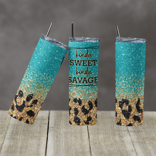 Teal and Gold Leopard Kinda Sweet - 20 oz Skinny Tumblers w/ Lid and Straw