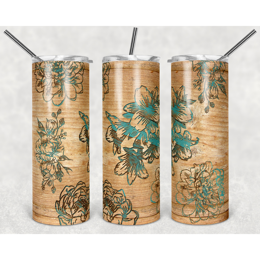 Teal Wood Flower - 20 oz Skinny Tumblers w/ Lid and Straw