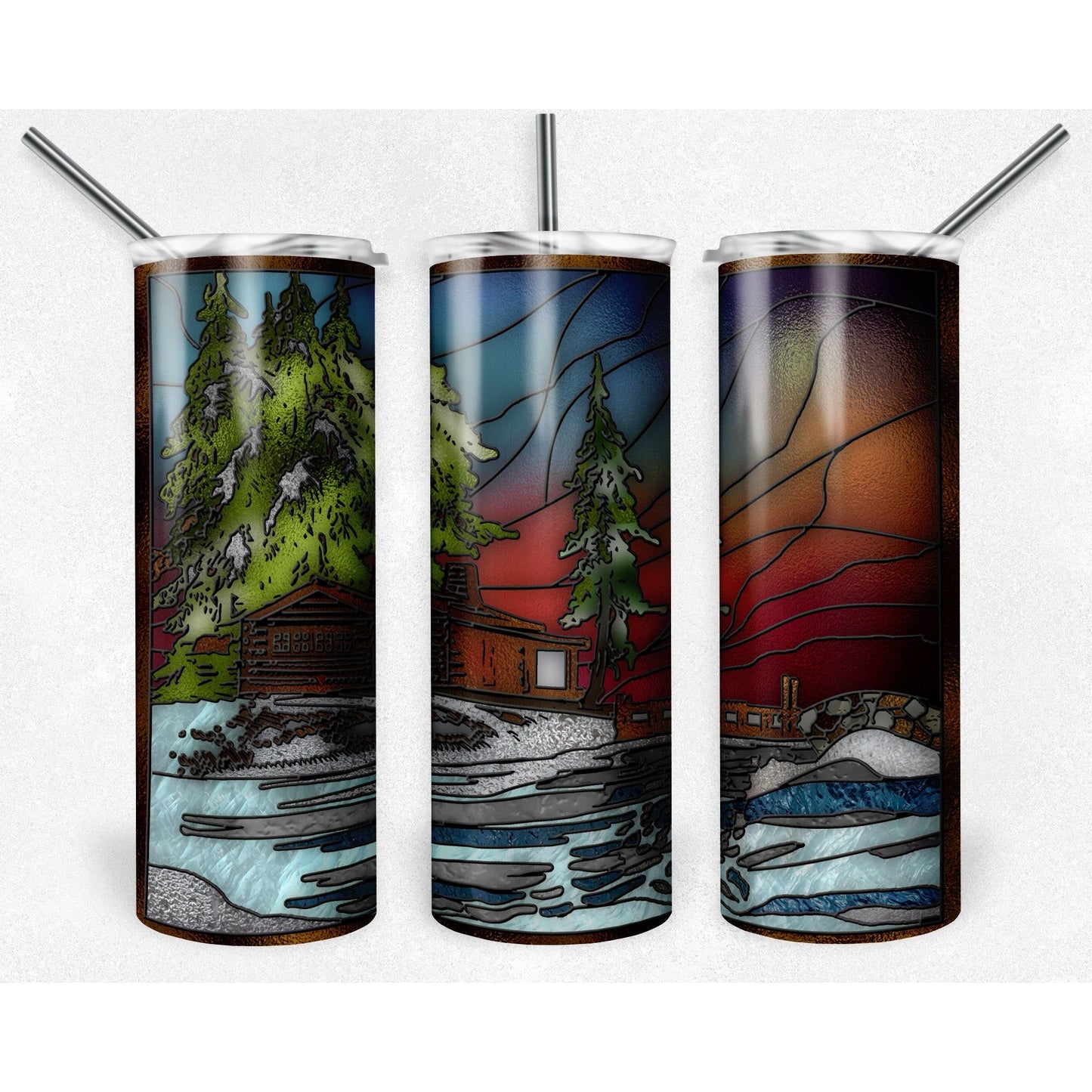 Winter Scene Winter Log Cabin Stained Glass - 20 oz Skinny Tumblers w/ Lid and Straw