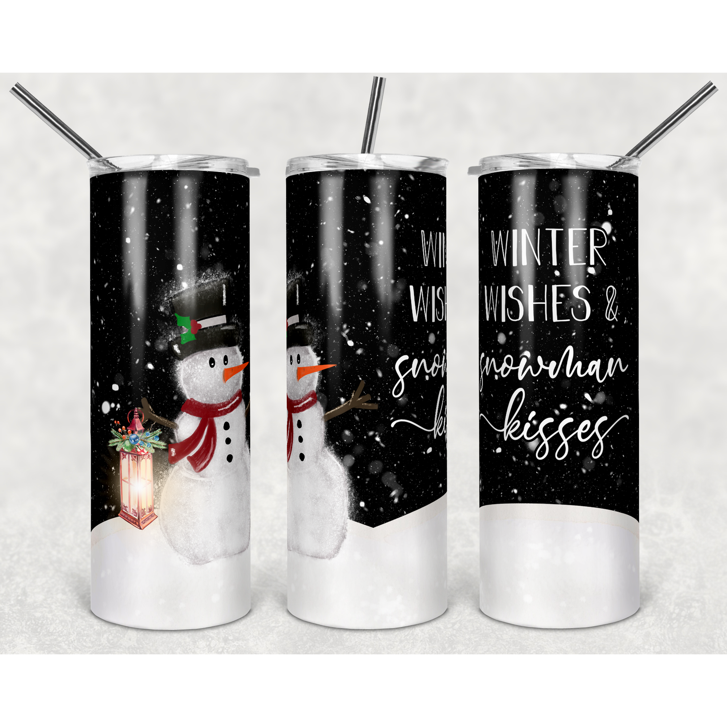 Winter Wishes Snowman Kisses- 20 oz Skinny Tumblers w/ Lid and Straw