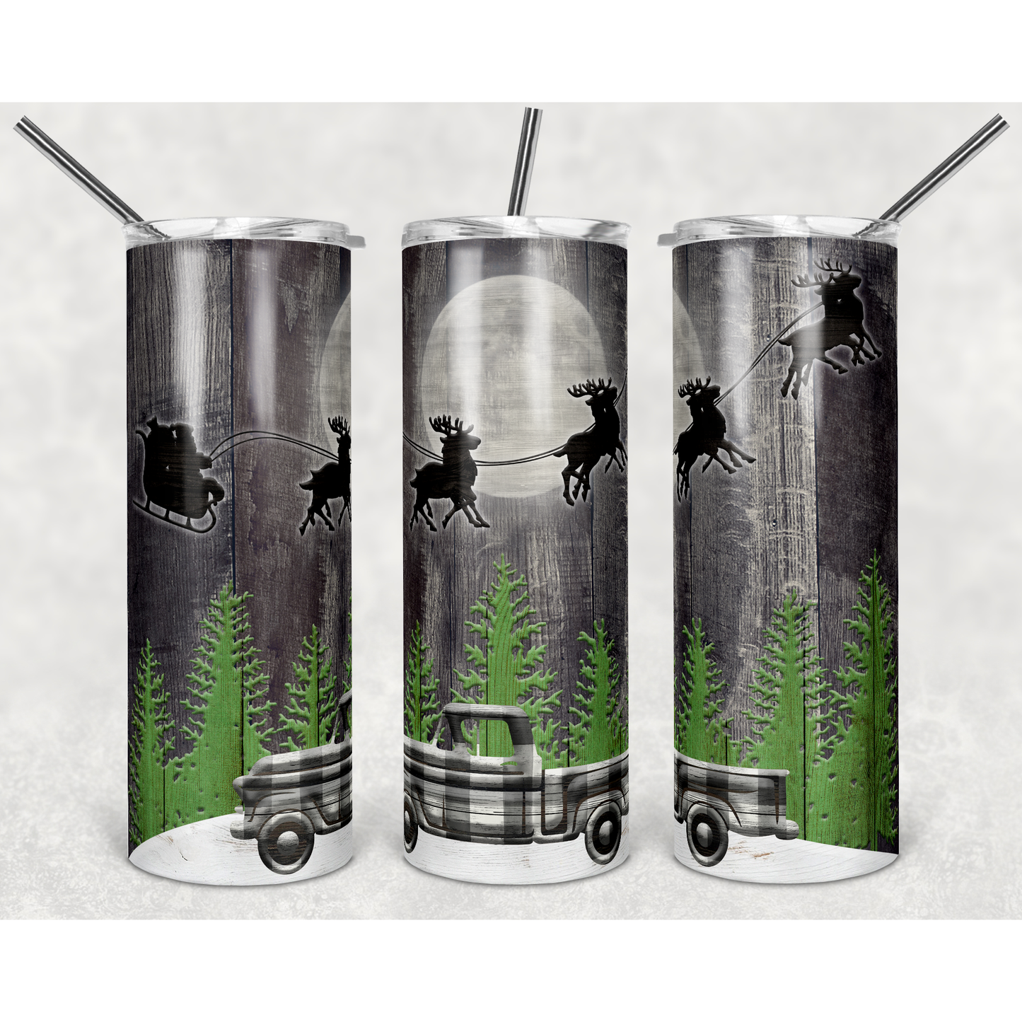 Wood Winter Scene Truck- 20 oz Skinny Tumblers w/ Lid and Straw